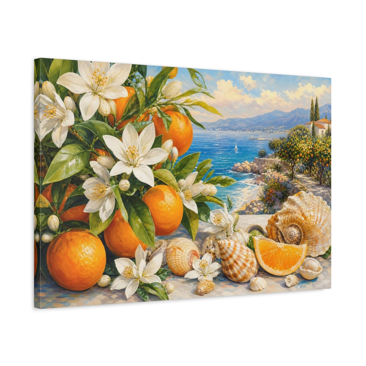 Side Mockup 2. Nature Orange Blossoms Blue Orange Landscape shown as stretched canvas wall art