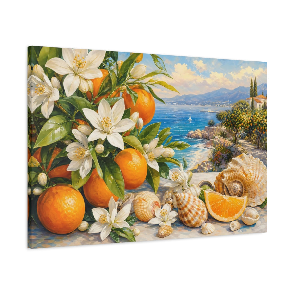 Main Mockup. Nature Orange Blossoms Blue Orange Landscape shown as stretched canvas wall art