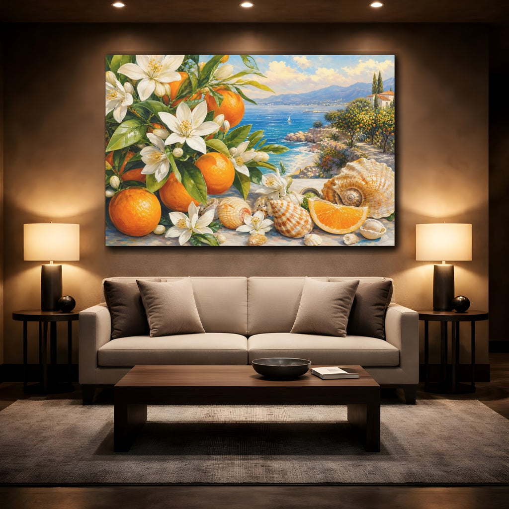Mockup 2. Nature Orange Blossoms Blue Orange Landscape shown as stretched canvas wall art