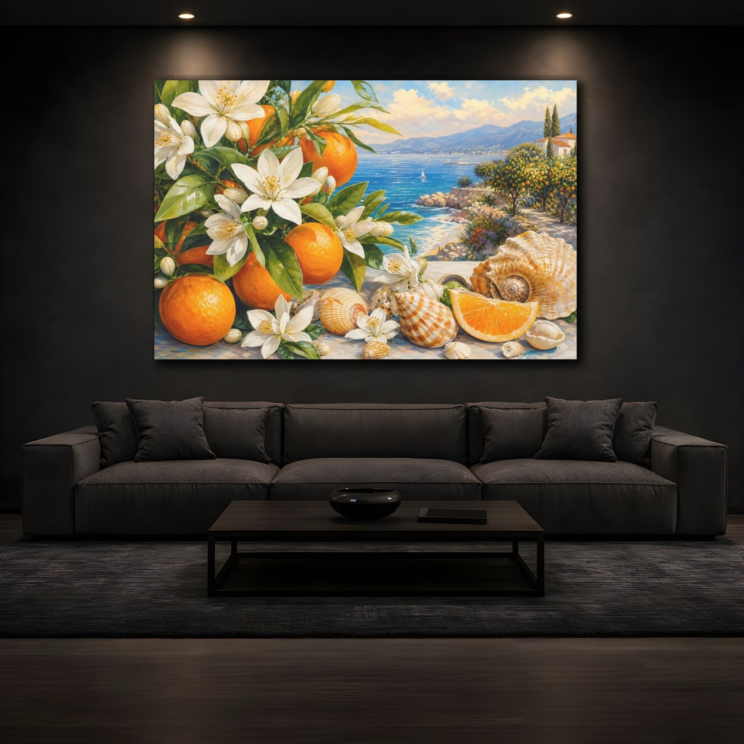 Mockup 3. Nature Orange Blossoms Blue Orange Landscape shown as stretched canvas wall art