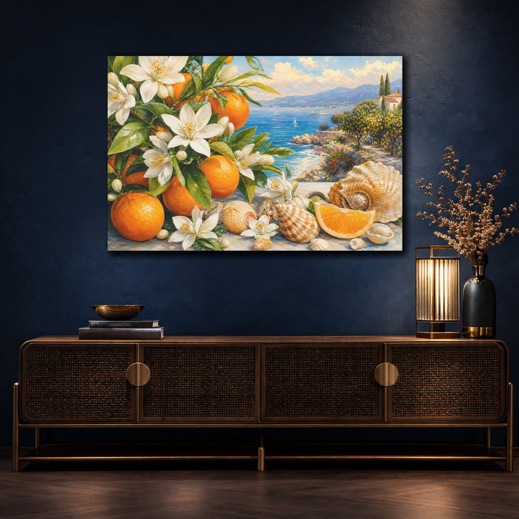 Mockup 4. Nature Orange Blossoms Blue Orange Landscape shown as stretched canvas wall art