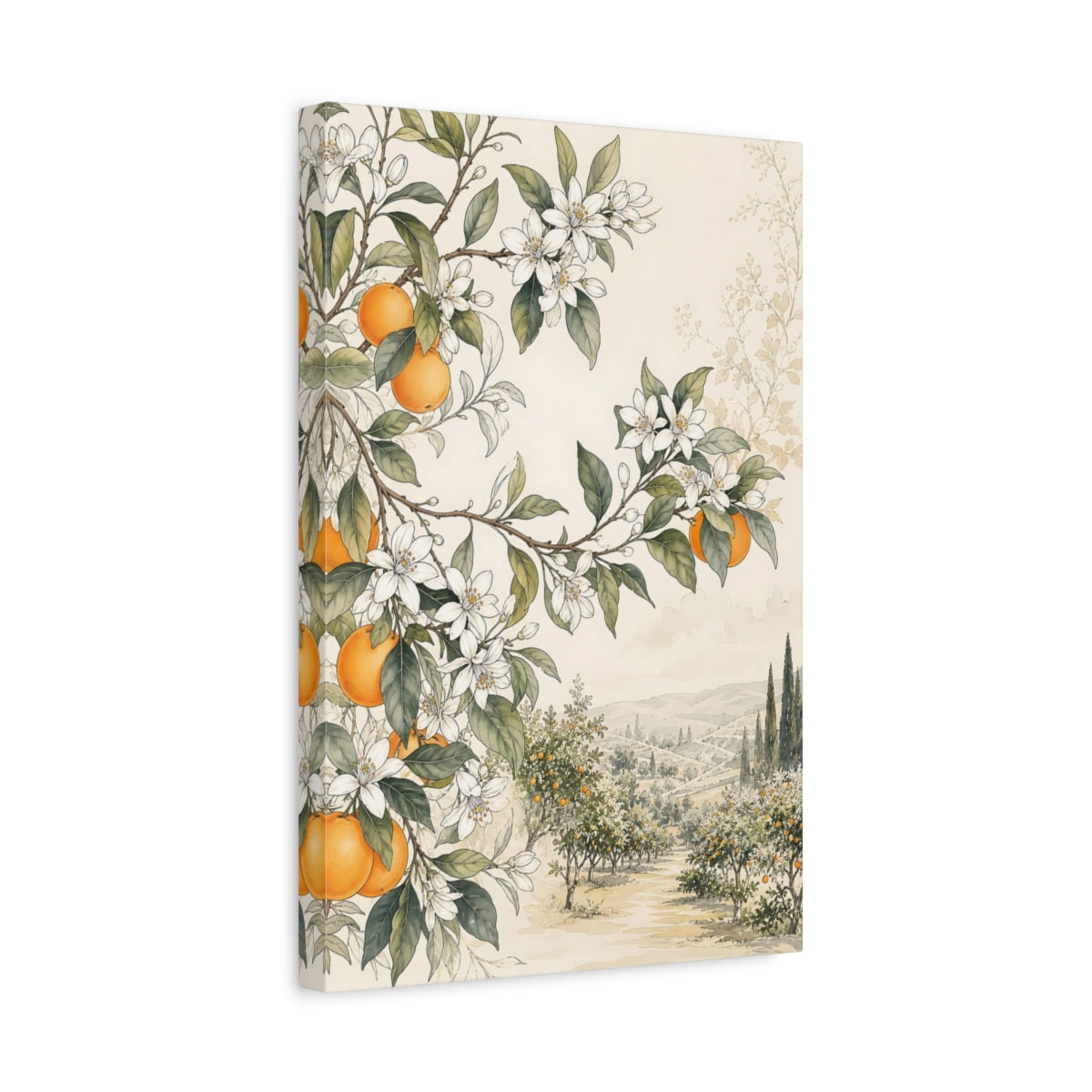 Side Mockup 4. Nature Orange Blossoms Orange Grove shown as stretched canvas wall art