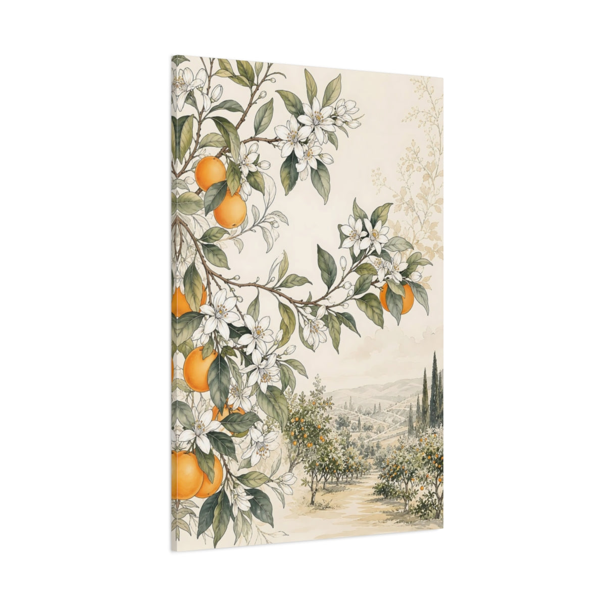 Side Mockup 1. Nature Orange Blossoms Orange Grove shown as stretched canvas wall art