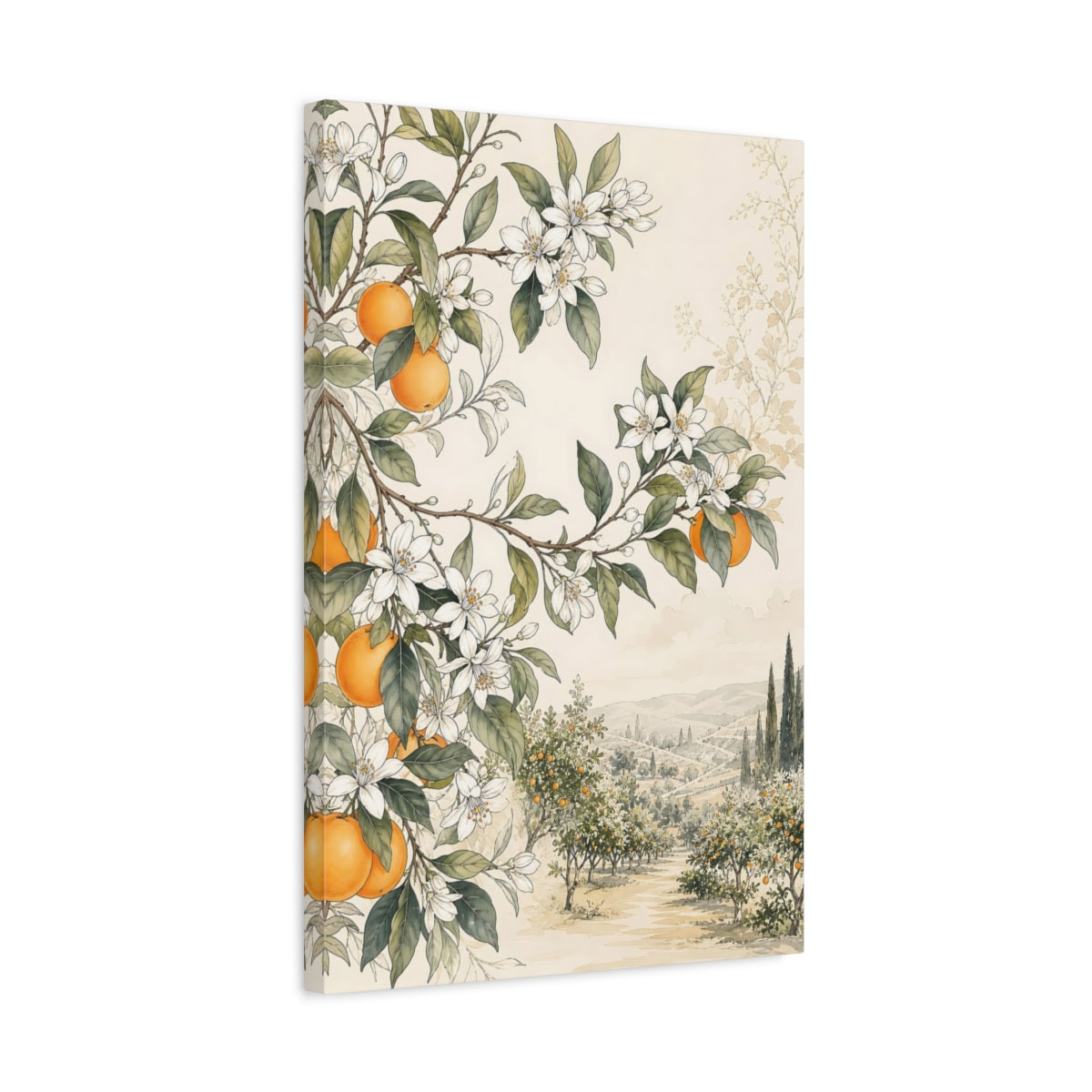Side Mockup 3. Nature Orange Blossoms Orange Grove shown as stretched canvas wall art
