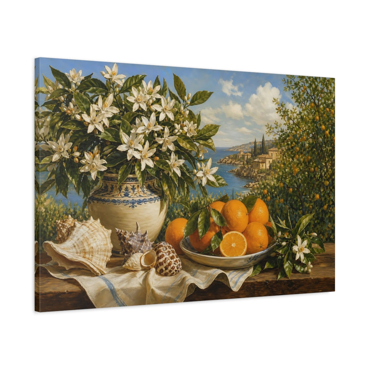Main Mockup. Nature Orange Blossoms Orange Blossom Still Life shown as stretched canvas wall art