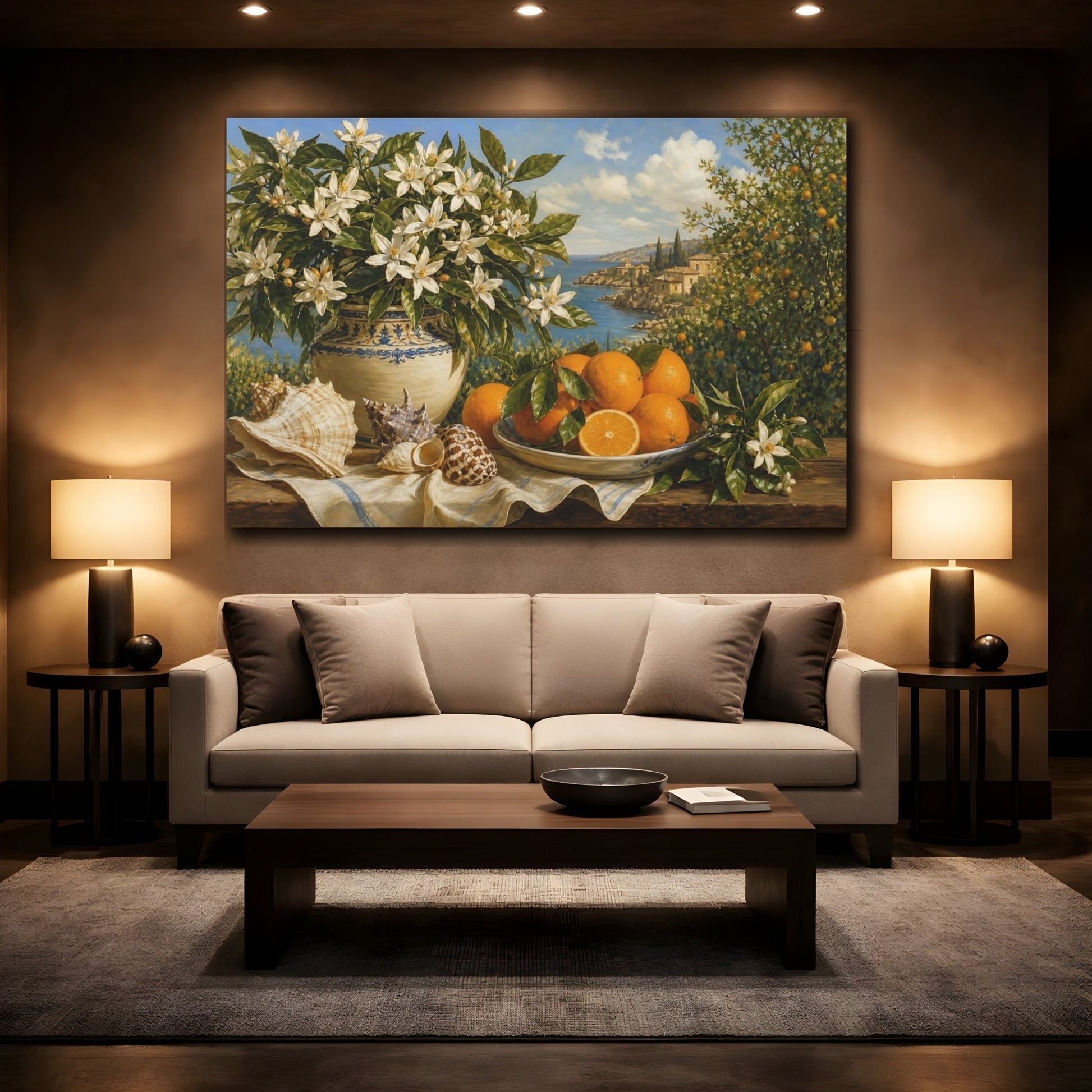 Mockup 2. Nature Orange Blossoms Orange Blossom Still Life shown as stretched canvas wall art