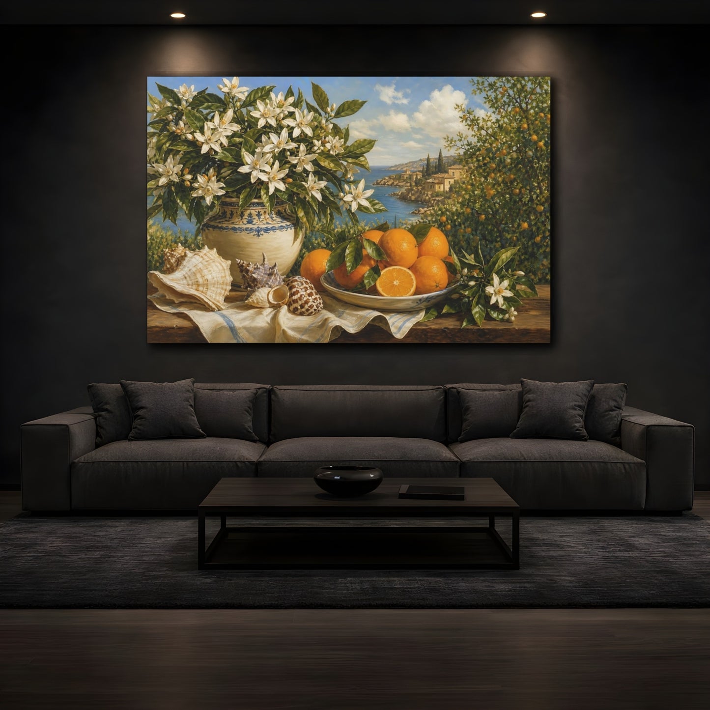 Mockup 3. Nature Orange Blossoms Orange Blossom Still Life shown as stretched canvas wall art