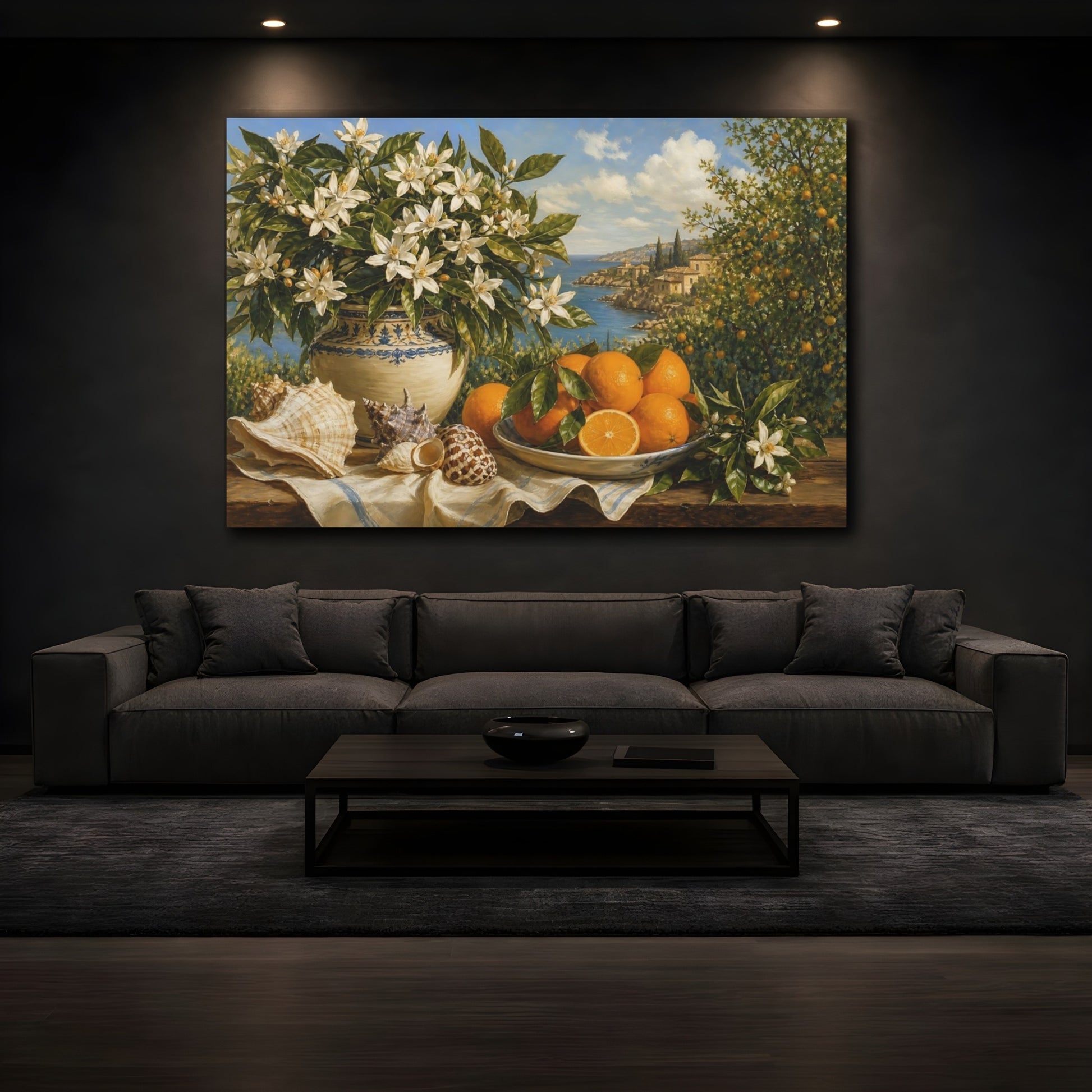 Mockup 3. Nature Orange Blossoms Orange Blossom Still Life shown as stretched canvas wall art