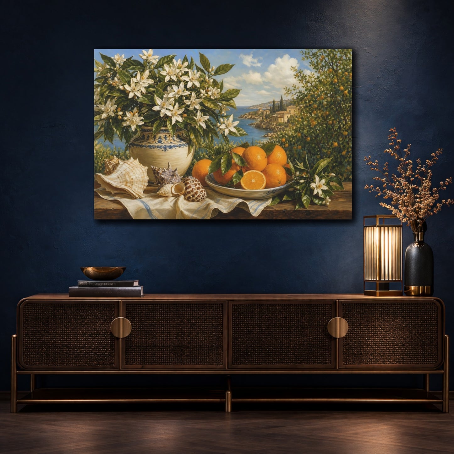 Mockup 4. Nature Orange Blossoms Orange Blossom Still Life shown as stretched canvas wall art