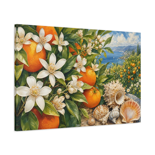 Main Mockup. Nature Orange Blossoms Orange Blue Coastal shown as stretched canvas wall art