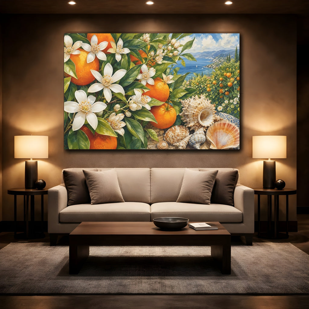 Mockup 2. Nature Orange Blossoms Orange Blue Coastal shown as stretched canvas wall art