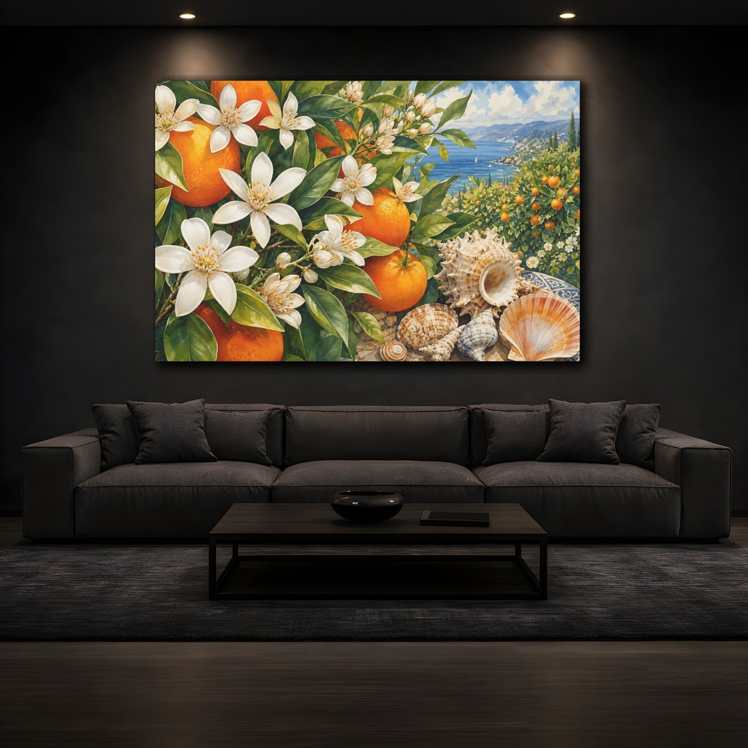 Mockup 3. Nature Orange Blossoms Orange Blue Coastal shown as stretched canvas wall art