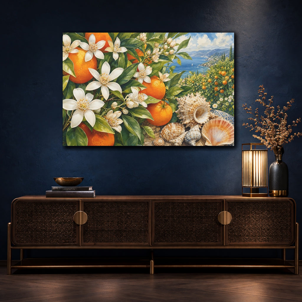 Mockup 4. Nature Orange Blossoms Orange Blue Coastal shown as stretched canvas wall art