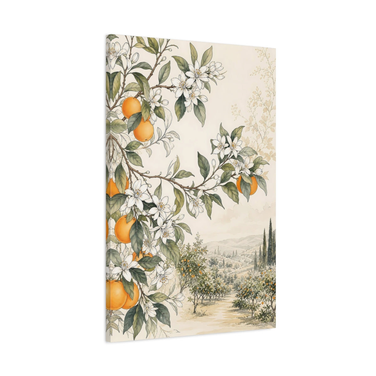 Main Mockup. Nature Orange Blossoms Orange Grove shown as stretched canvas wall art