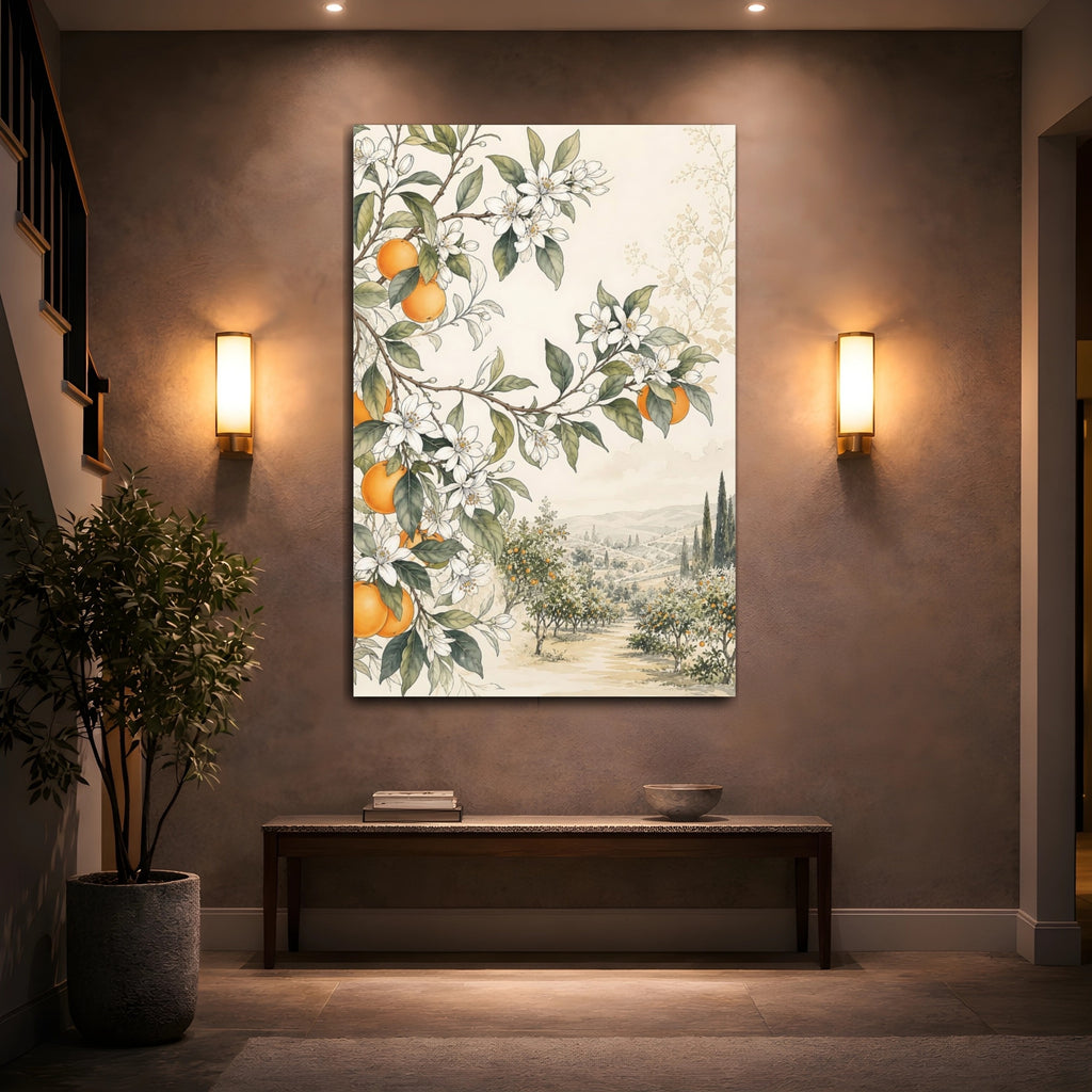 Mockup 2. Nature Orange Blossoms Orange Grove shown as stretched canvas wall art