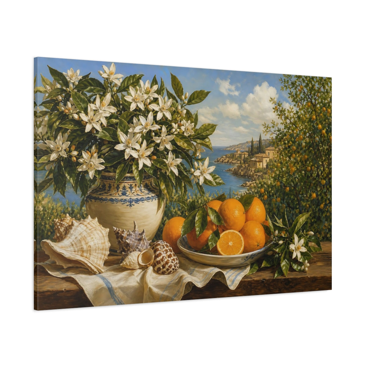 Side Mockup 1. Nature Orange Blossoms Orange Blossom Still Life shown as stretched canvas wall art