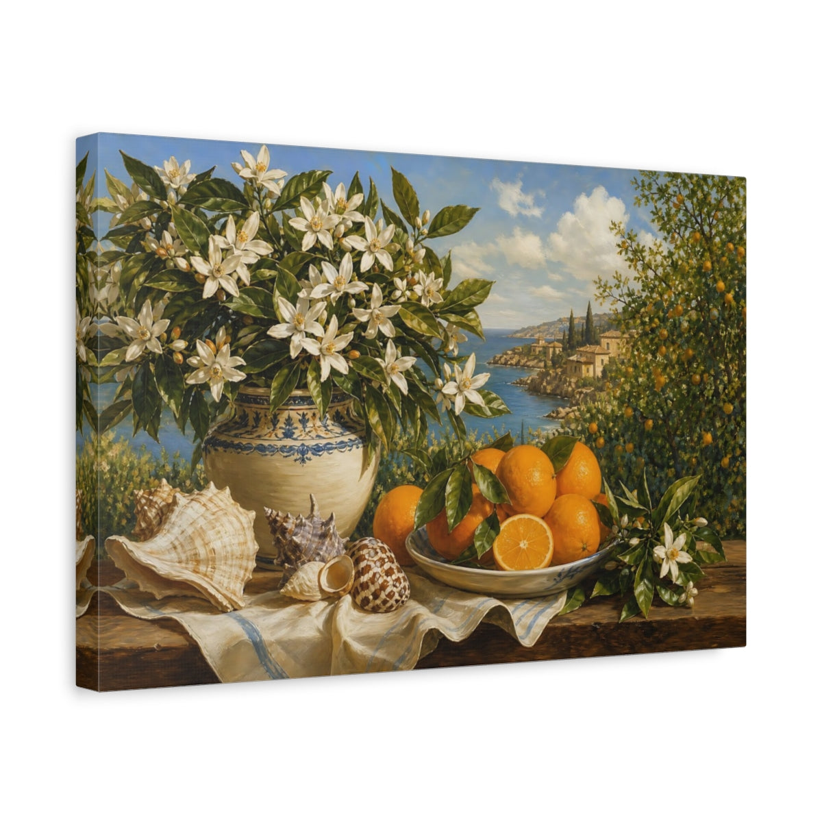Side Mockup 4. Nature Orange Blossoms Orange Blossom Still Life shown as stretched canvas wall art