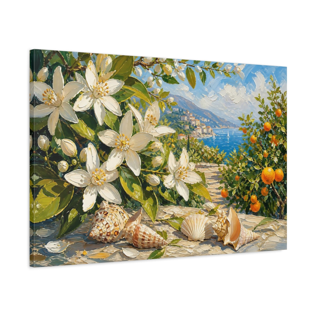 Main Mockup. Nature Orange Blossoms White Blue Floral shown as stretched canvas wall art