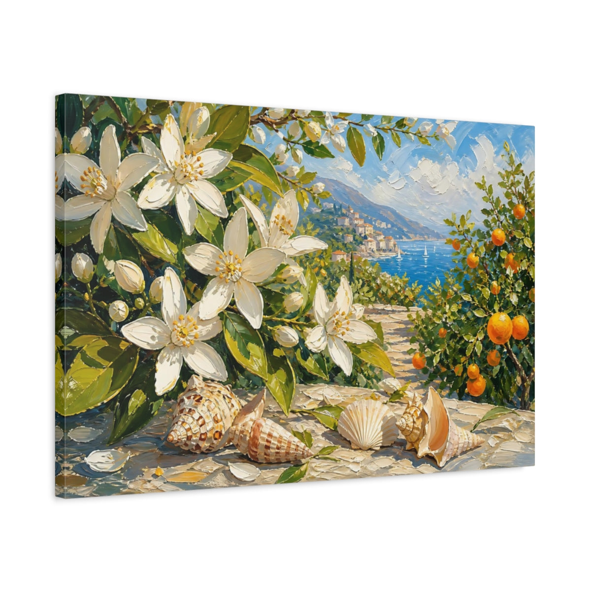 Side Mockup 2. Nature Orange Blossoms White Blue Floral shown as stretched canvas wall art