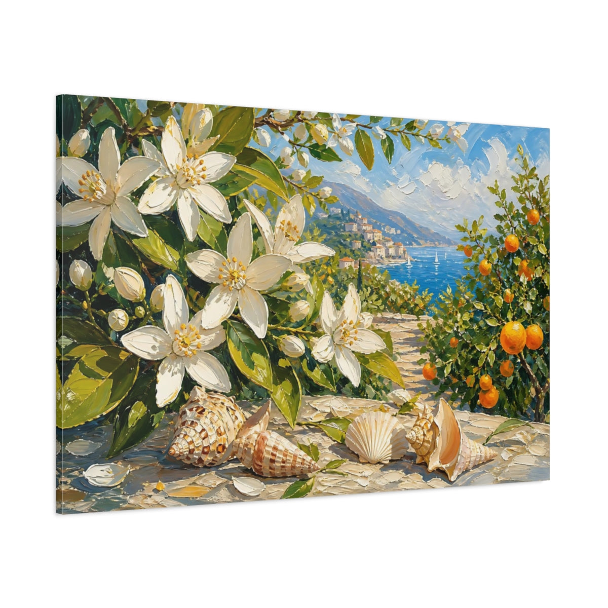 Side Mockup 1. Nature Orange Blossoms White Blue Floral shown as stretched canvas wall art
