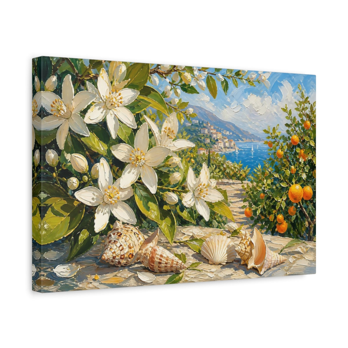 Side Mockup 4. Nature Orange Blossoms White Blue Floral shown as stretched canvas wall art