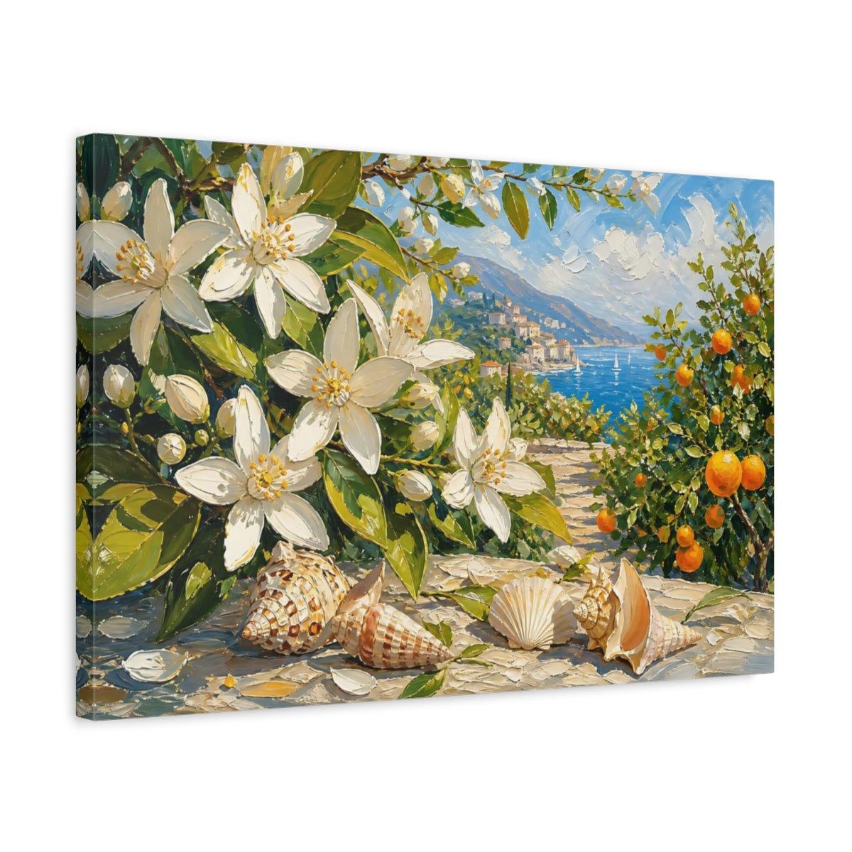 Side Mockup 3. Nature Orange Blossoms White Blue Floral shown as stretched canvas wall art