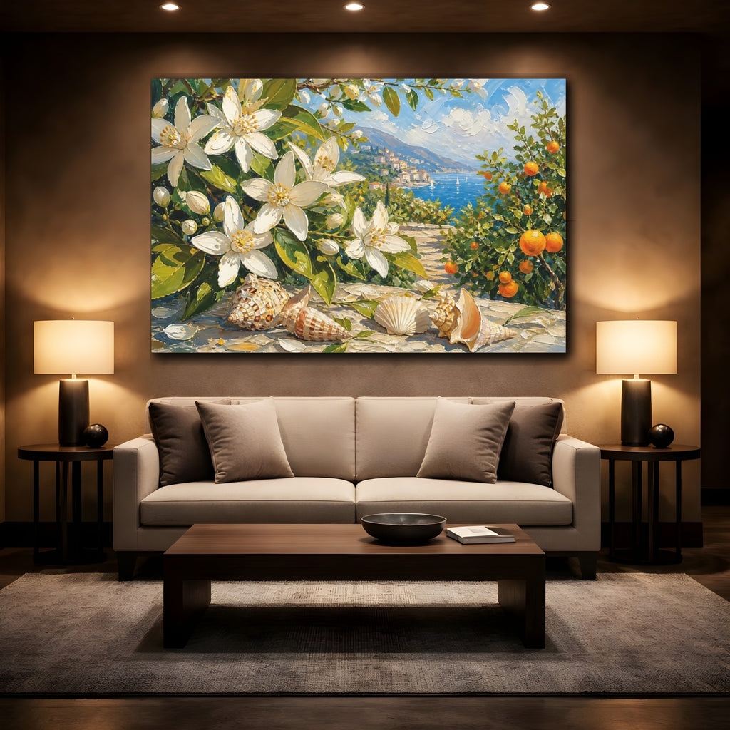Mockup 2. Nature Orange Blossoms White Blue Floral shown as stretched canvas wall art