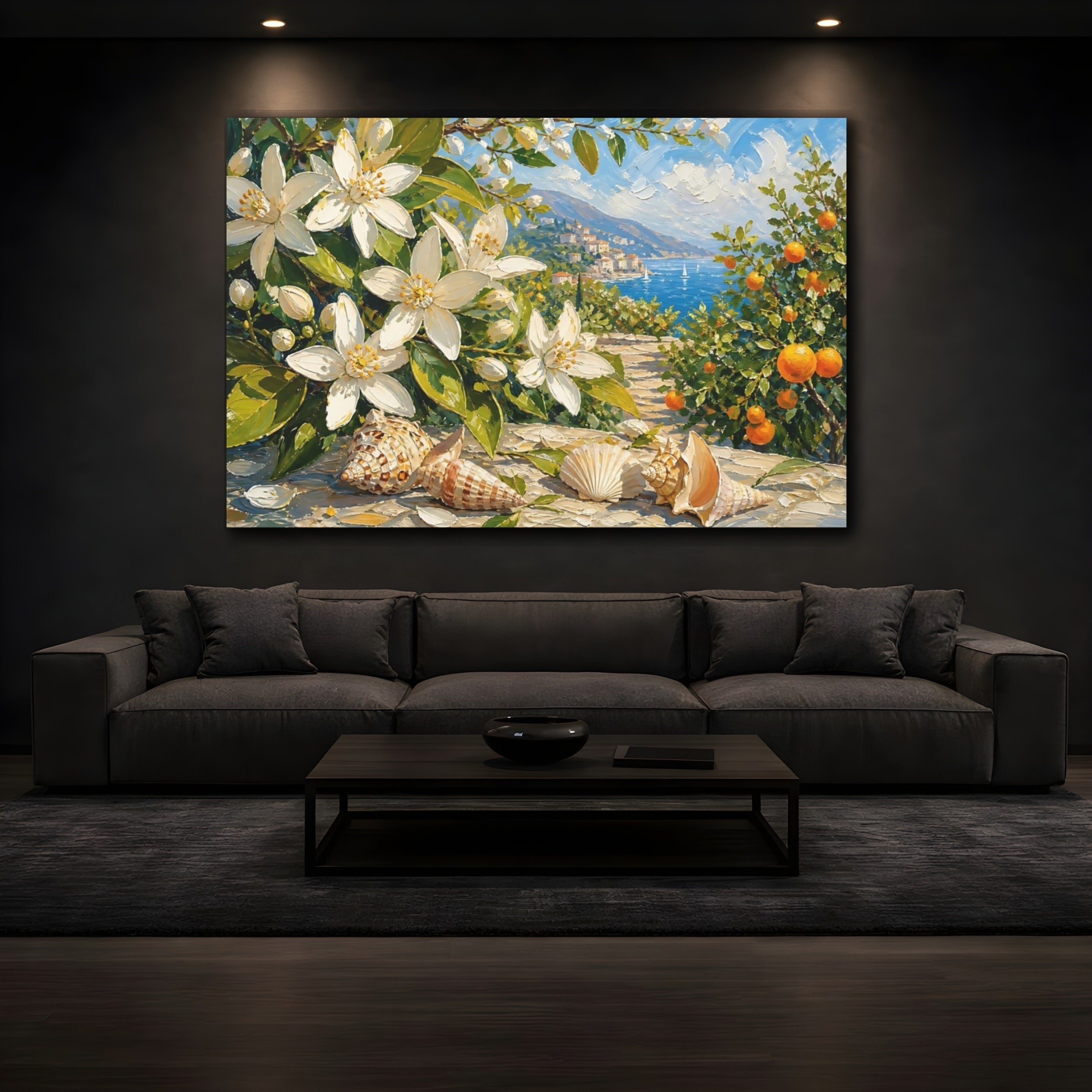 Mockup 3. Nature Orange Blossoms White Blue Floral shown as stretched canvas wall art