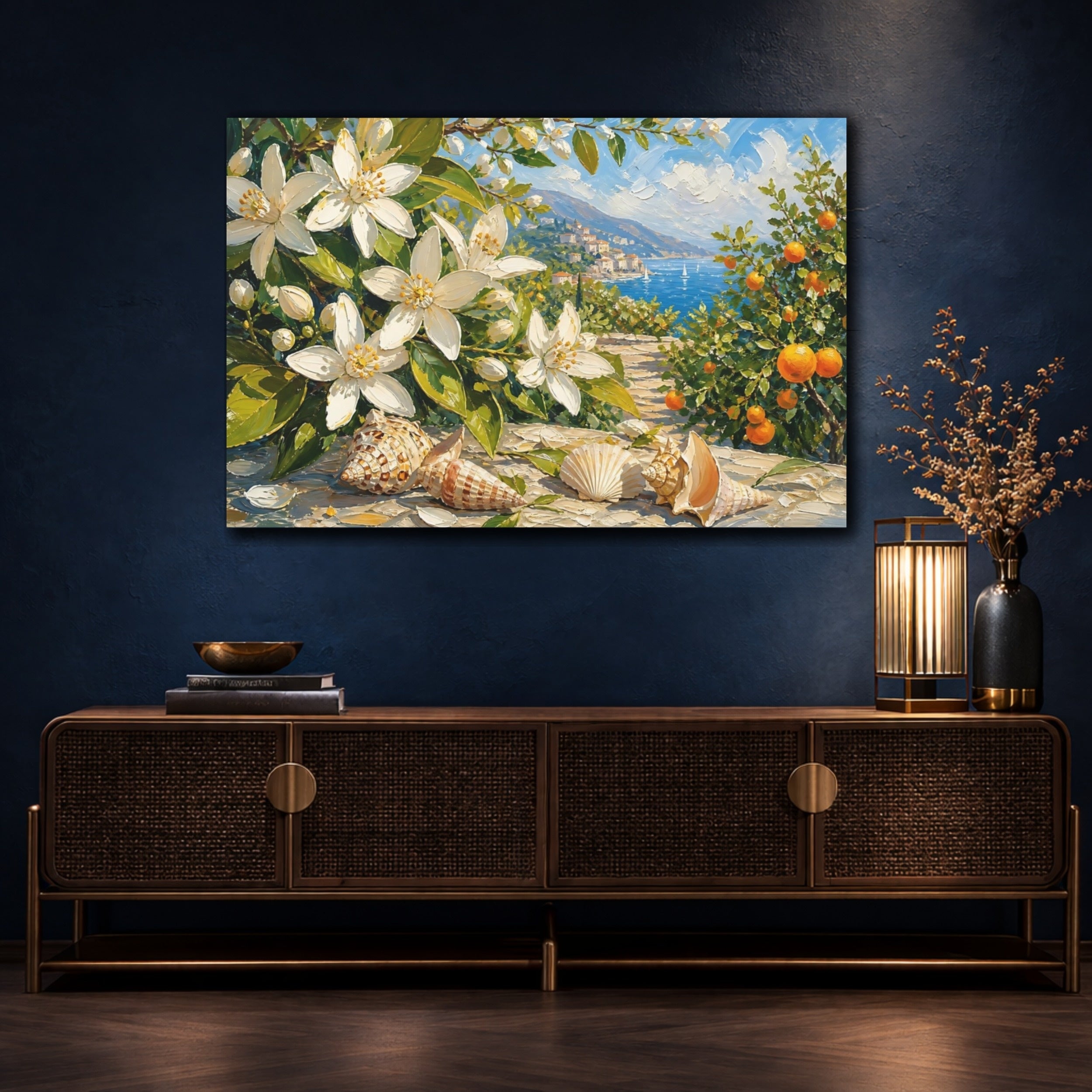 Mockup 4. Nature Orange Blossoms White Blue Floral shown as stretched canvas wall art