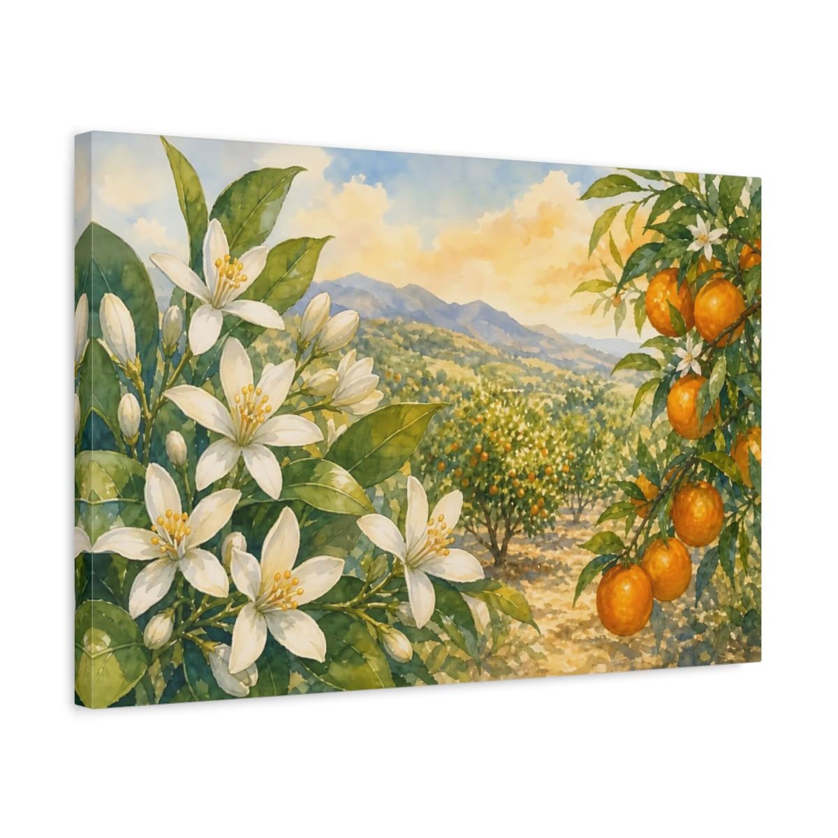 Side Mockup 3. Nature Orange Grove Orange Blossom Landscape shown as stretched canvas wall art