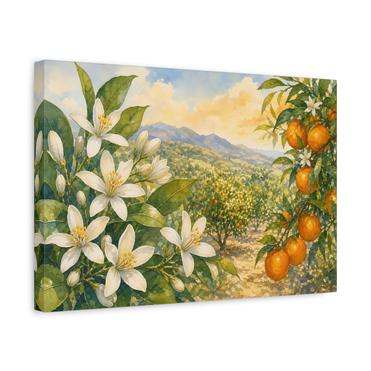 Side Mockup 4. Nature Orange Grove Orange Blossom Landscape shown as stretched canvas wall art