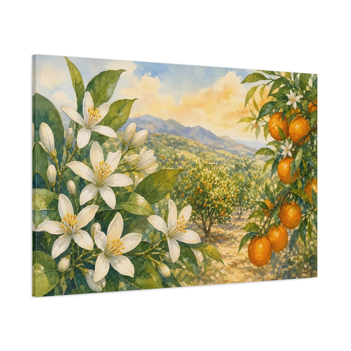 Side Mockup 1. Nature Orange Grove Orange Blossom Landscape shown as stretched canvas wall art