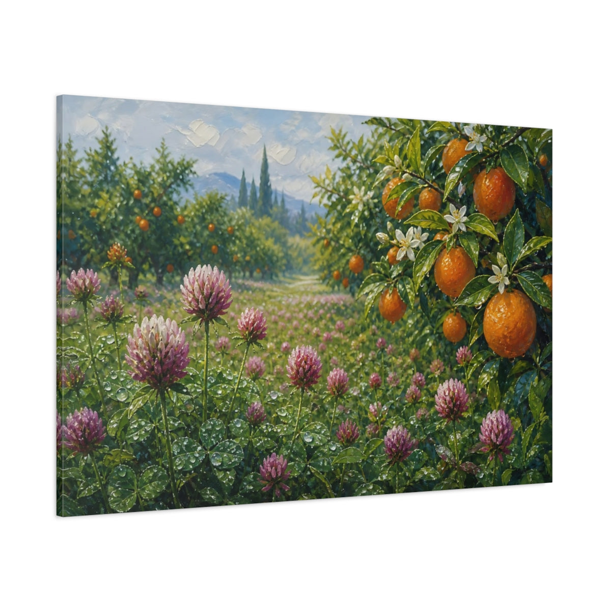 Side Mockup 1. Nature Orange Grove Orange Clover Field shown as stretched canvas wall art