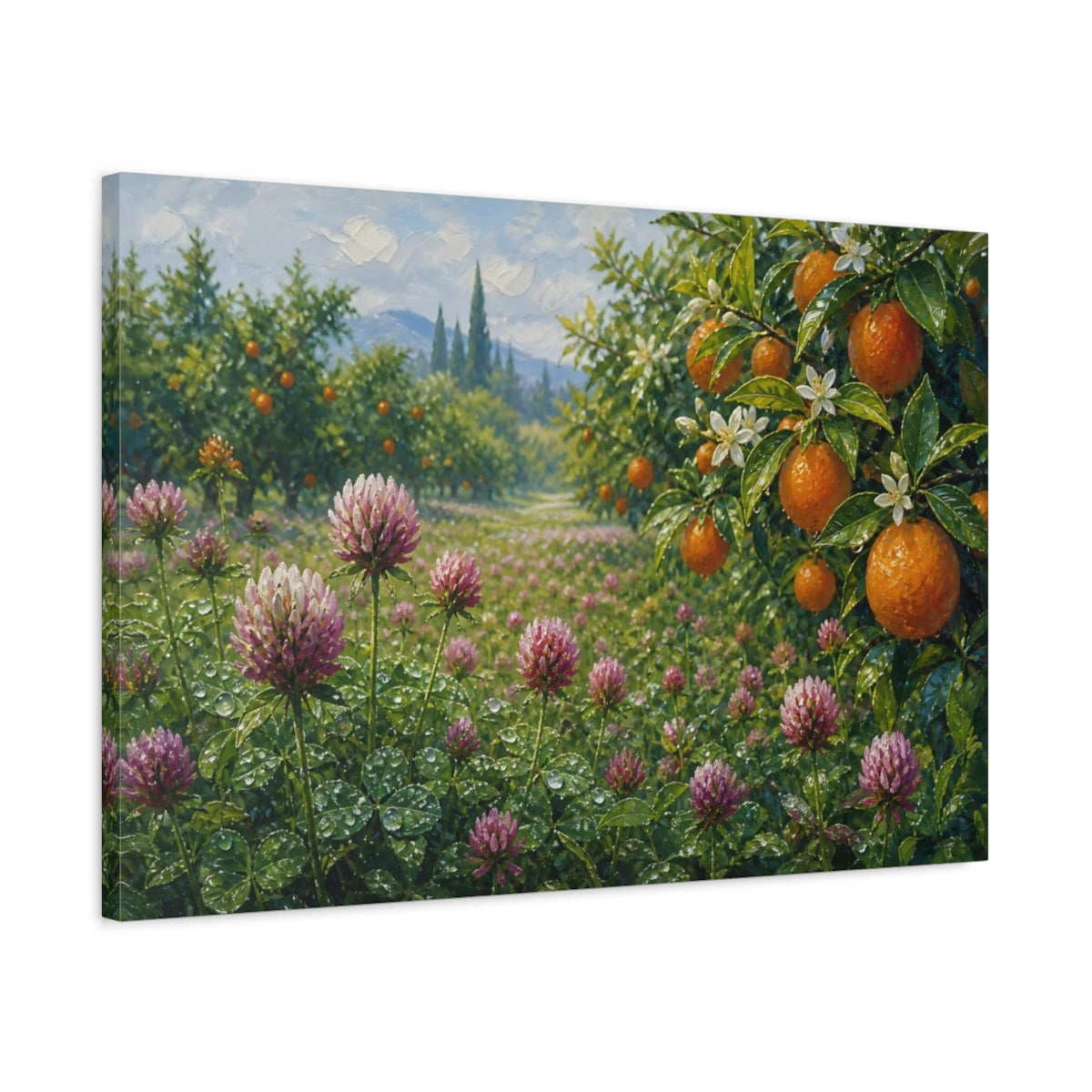 Side Mockup 2. Nature Orange Grove Orange Clover Field shown as stretched canvas wall art