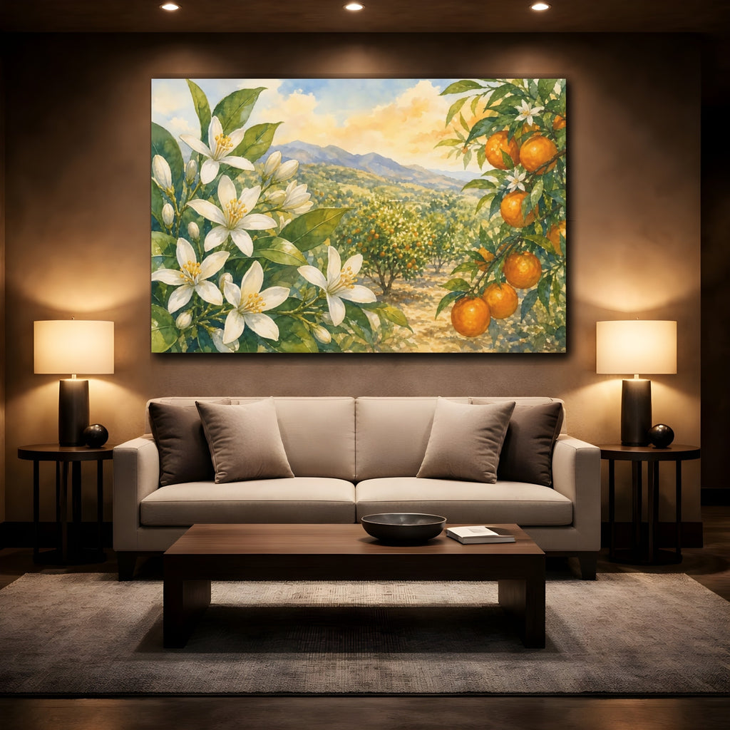 Mockup 2. Nature Orange Grove Orange Blossom Landscape shown as stretched canvas wall art