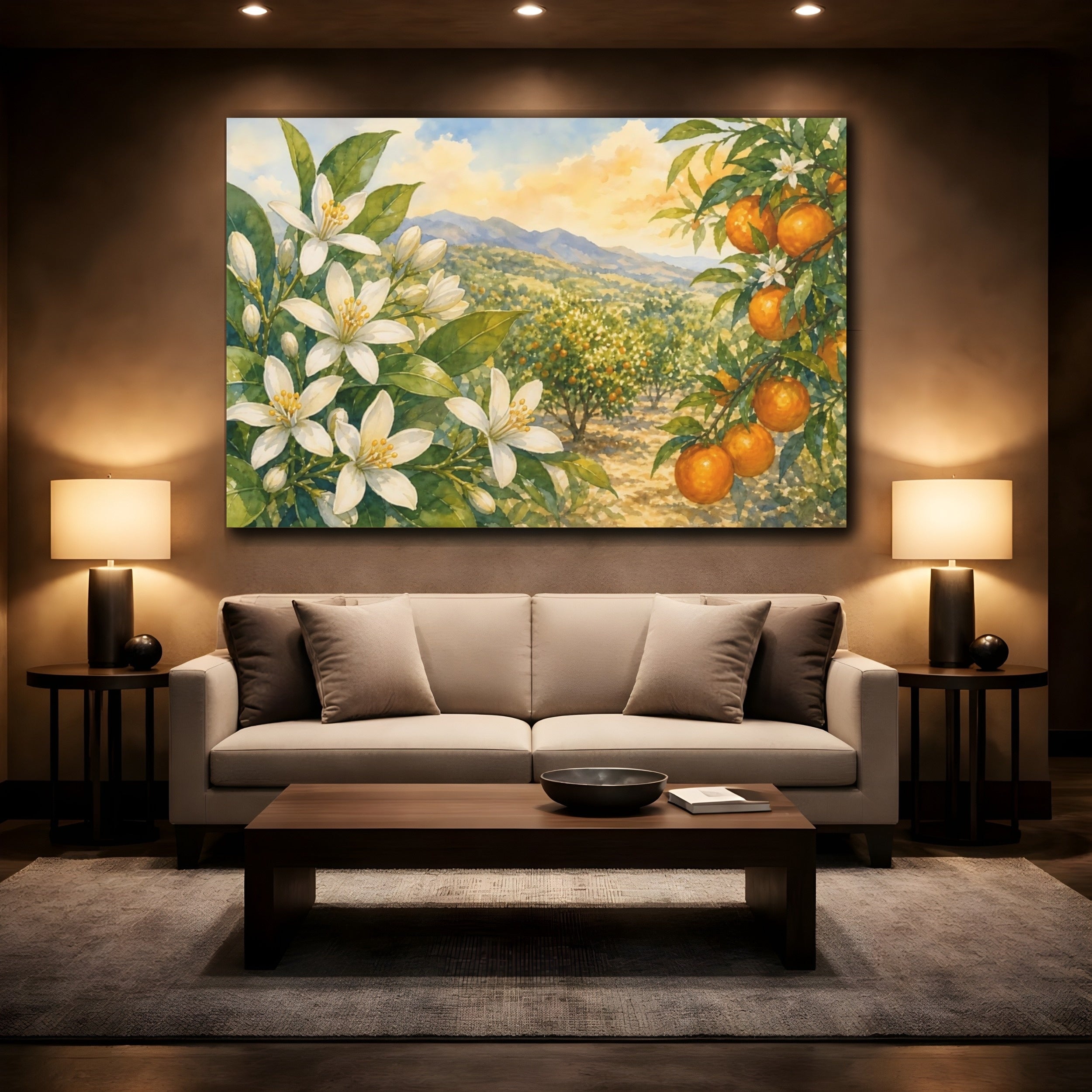 Mockup 2. Nature Orange Grove Orange Blossom Landscape shown as stretched canvas wall art