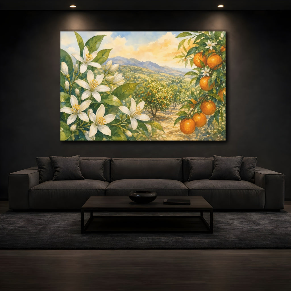 Mockup 3. Nature Orange Grove Orange Blossom Landscape shown as stretched canvas wall art