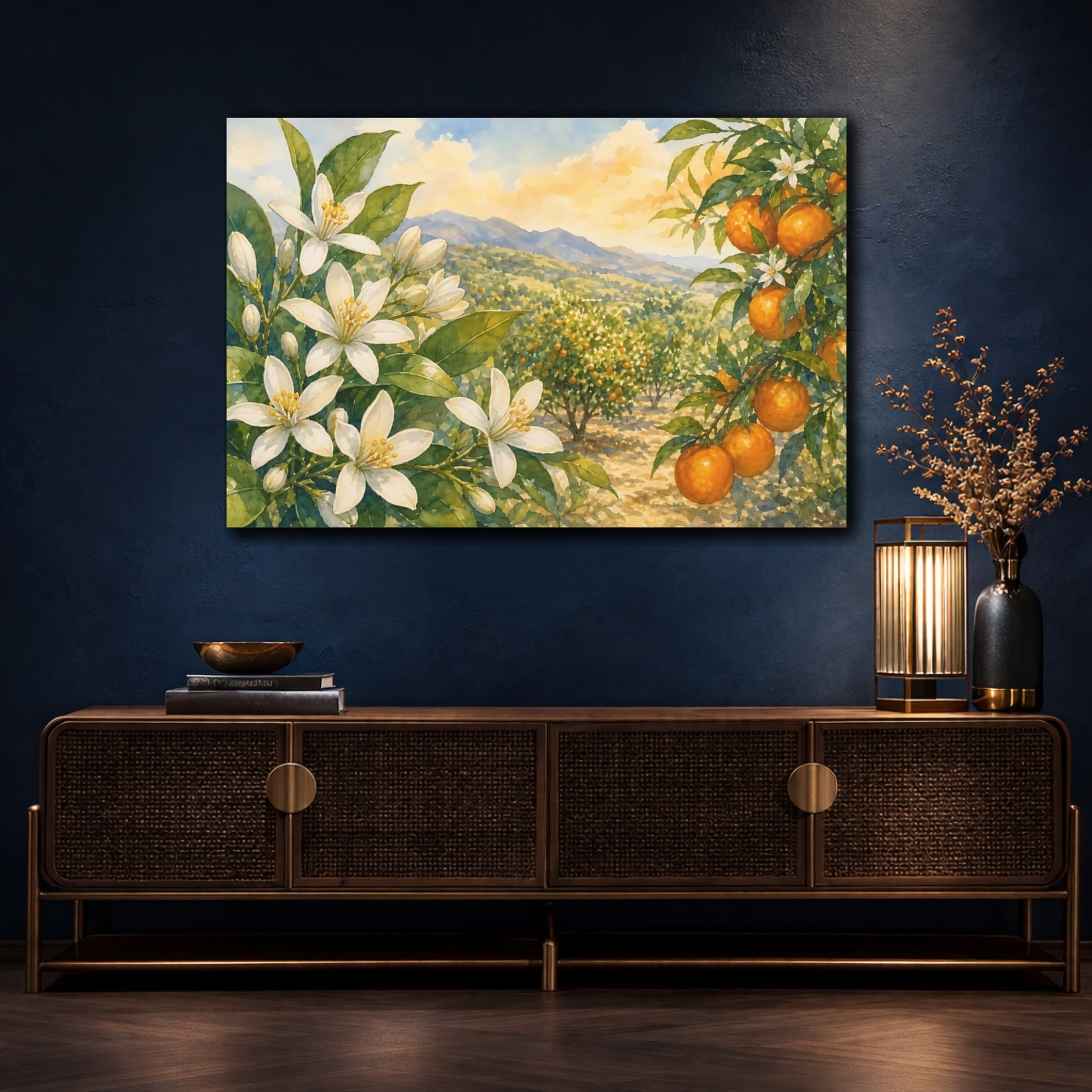 Mockup 4. Nature Orange Grove Orange Blossom Landscape shown as stretched canvas wall art