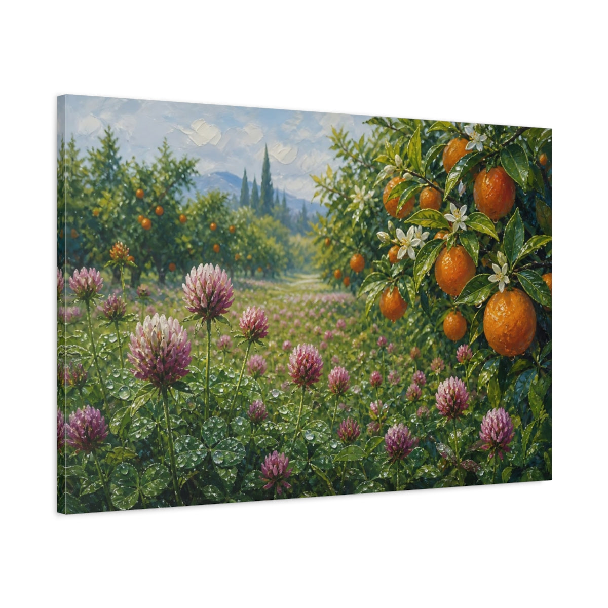 Main Mockup. Nature Orange Grove Orange Clover Field shown as stretched canvas wall art