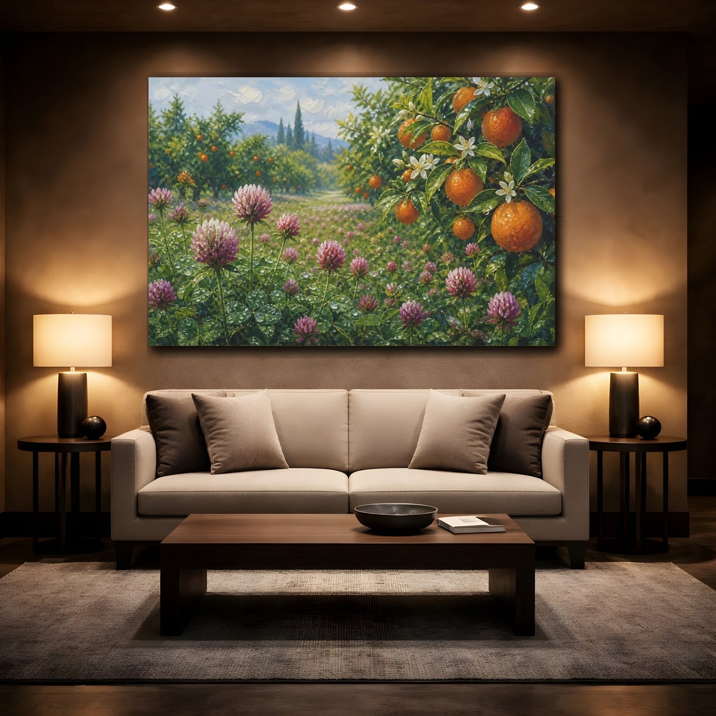 Mockup 2. Nature Orange Grove Orange Clover Field shown as stretched canvas wall art