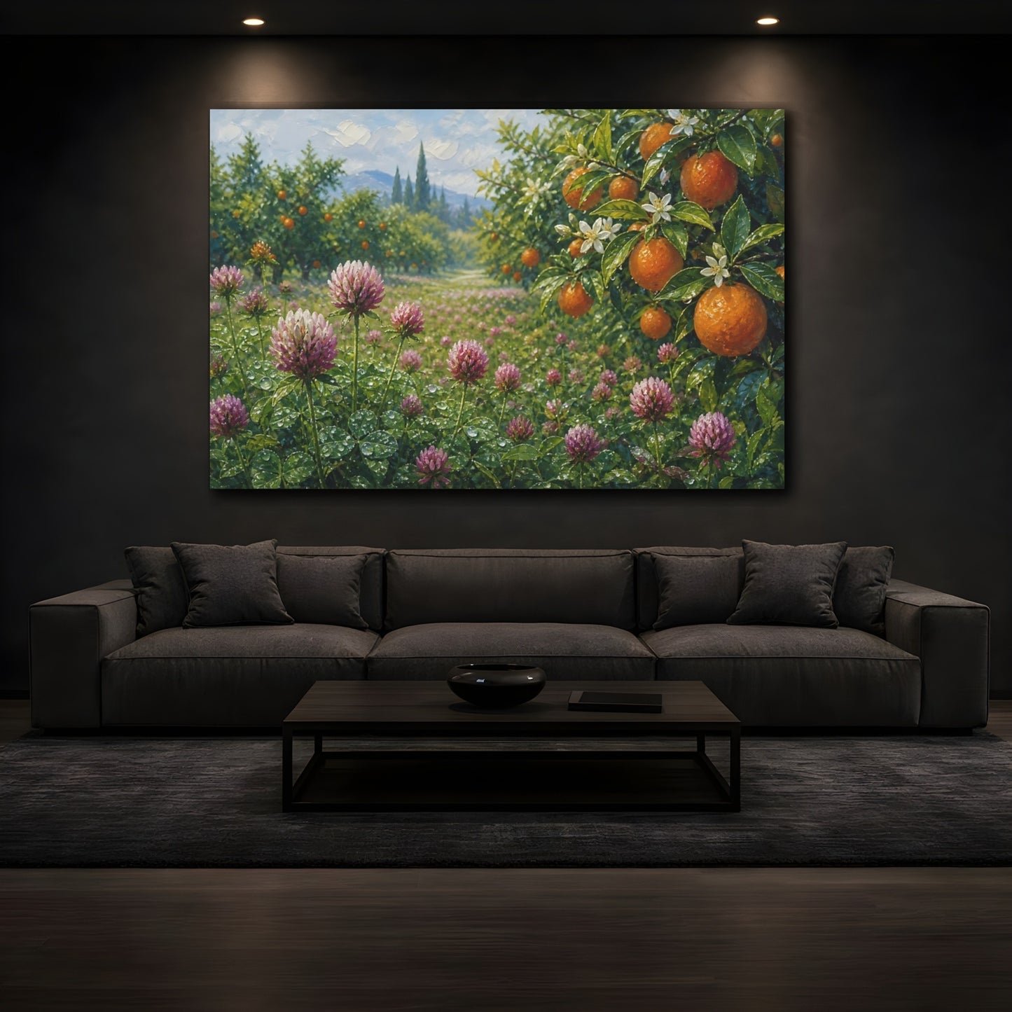 Mockup 3. Nature Orange Grove Orange Clover Field shown as stretched canvas wall art