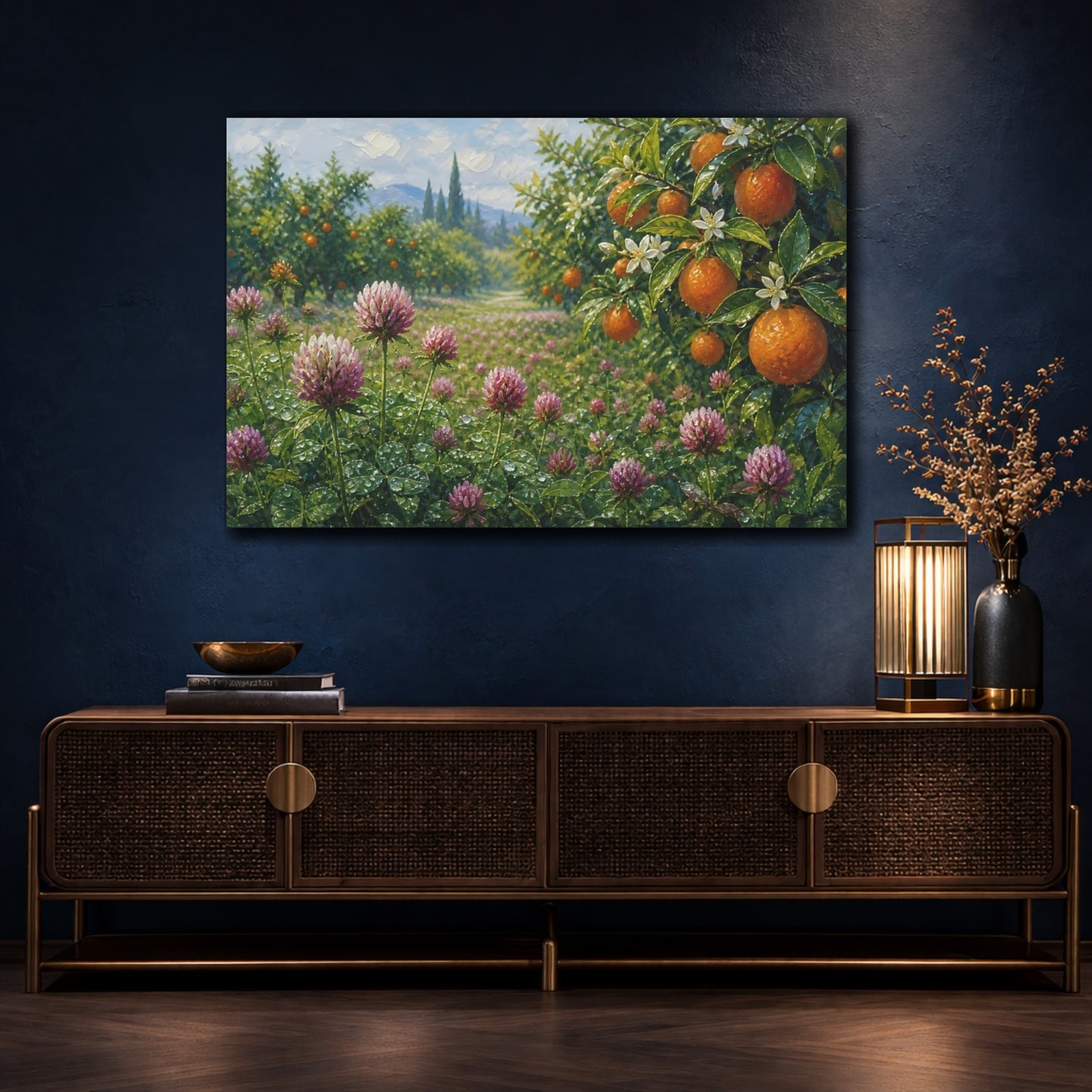 Mockup 4. Nature Orange Grove Orange Clover Field shown as stretched canvas wall art