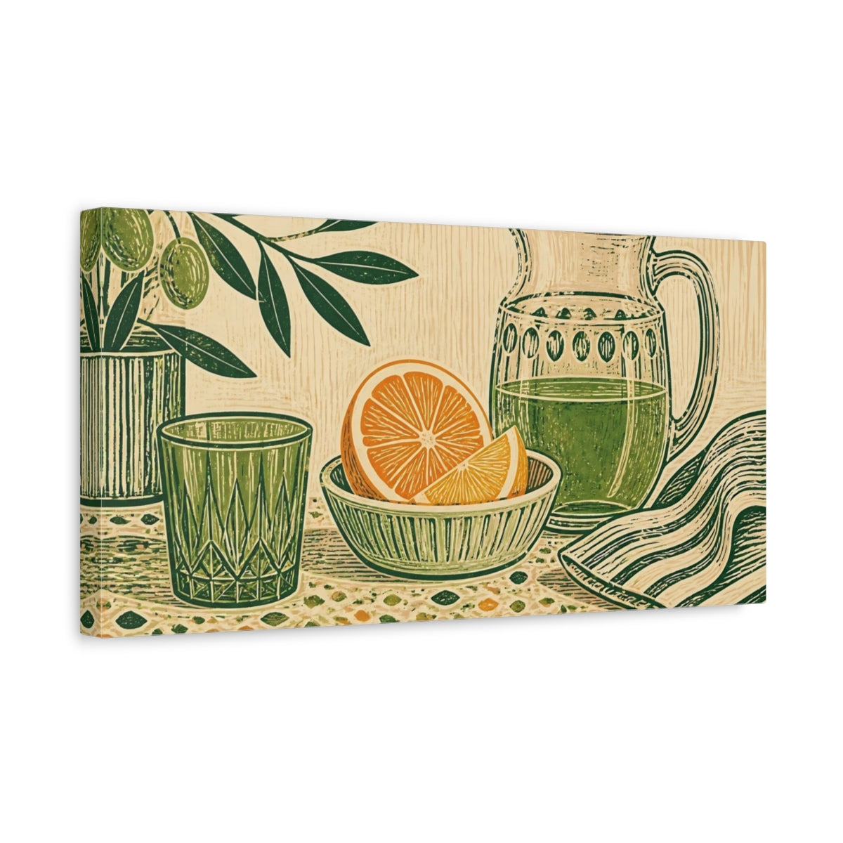 Side Mockup 3. Nature Oranges Green Orange Still Life shown as canvas print