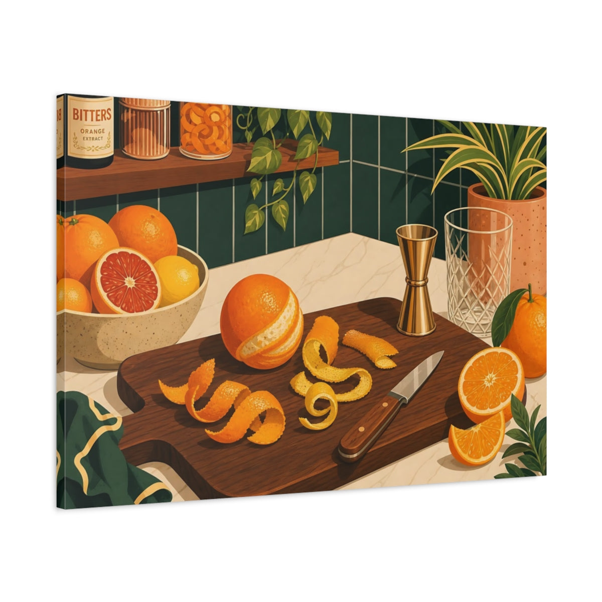 Main Mockup. Nature Oranges Orange And Green shown as stretched canvas wall art