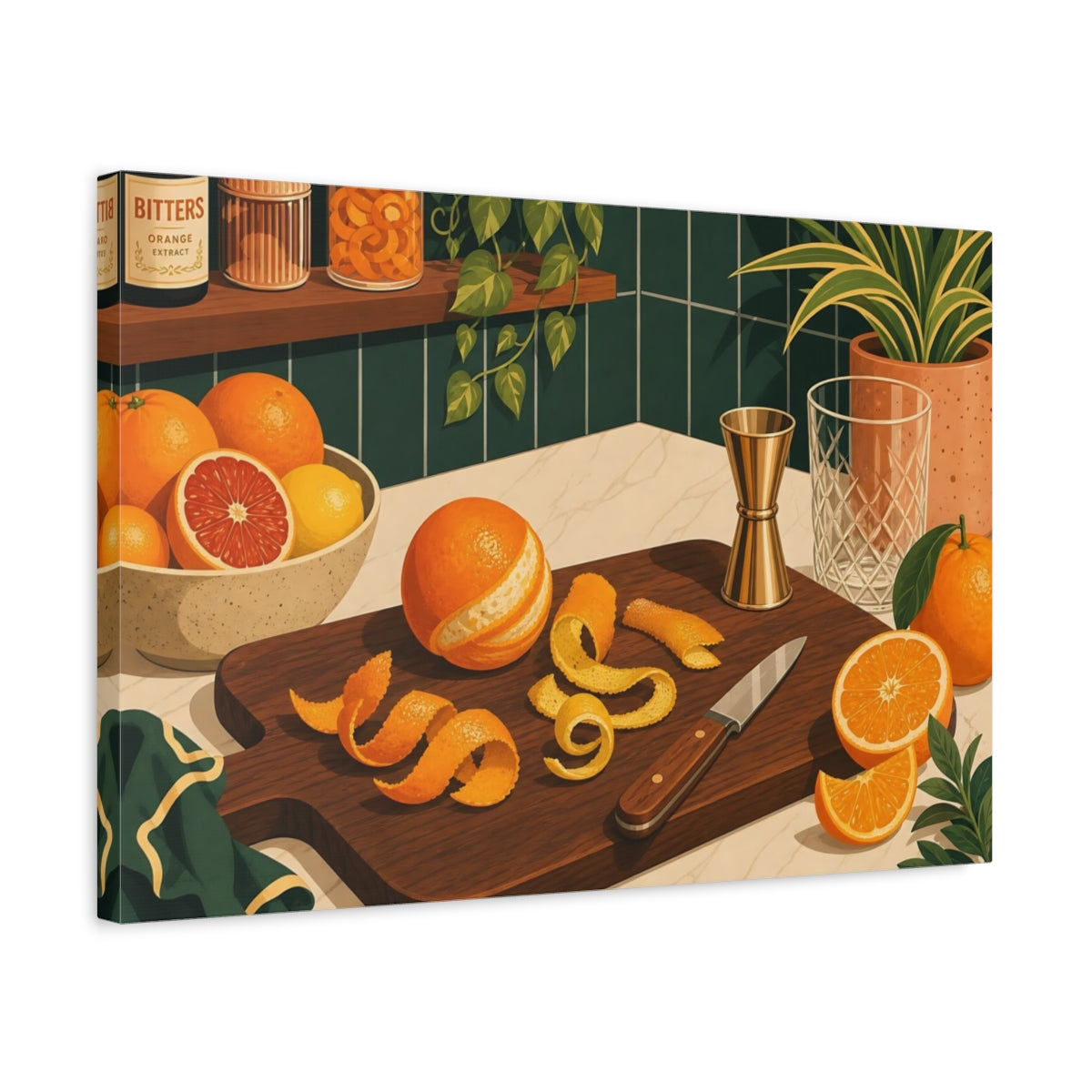 Side Mockup 3. Nature Oranges Orange And Green shown as stretched canvas wall art