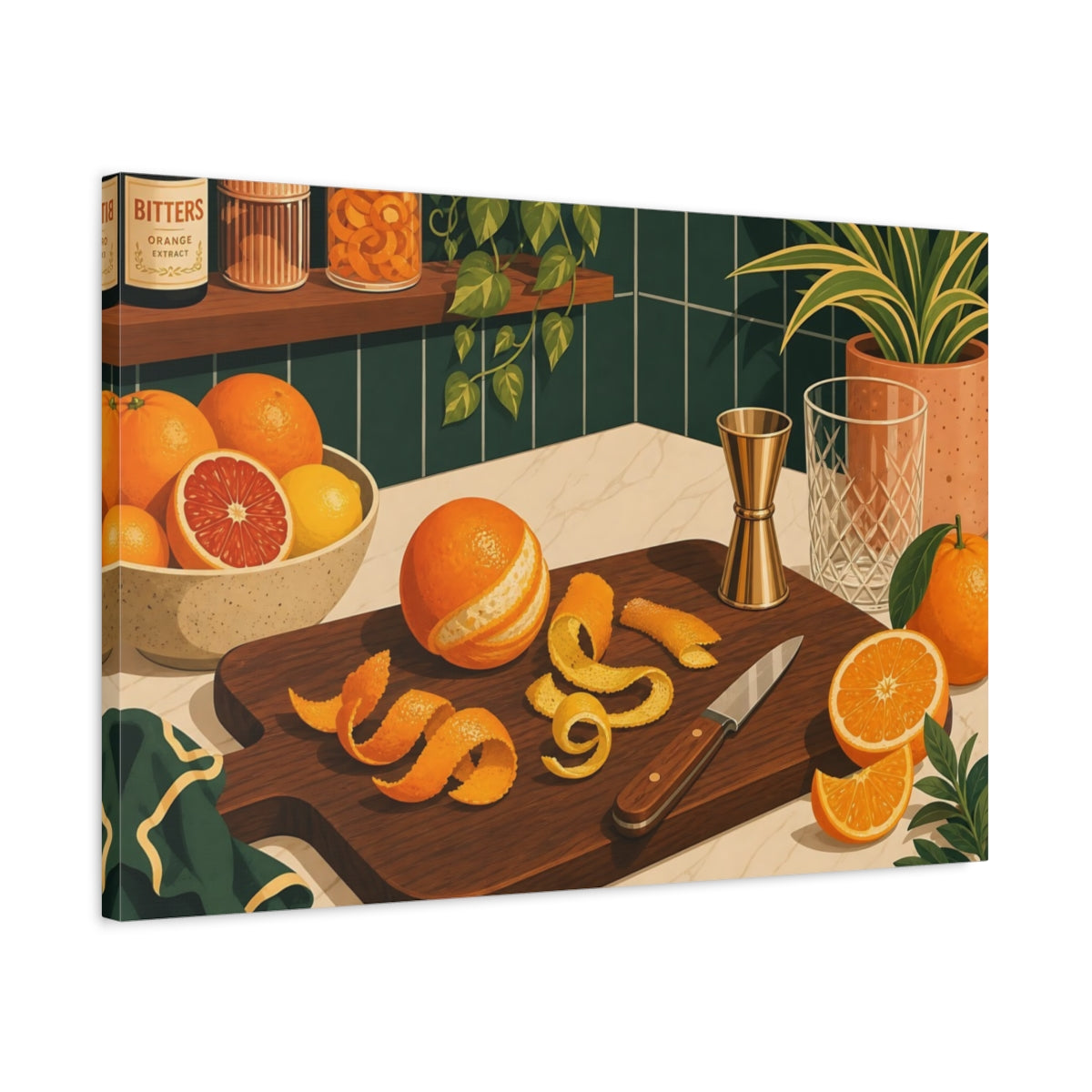 Side Mockup 2. Nature Oranges Orange And Green shown as stretched canvas wall art