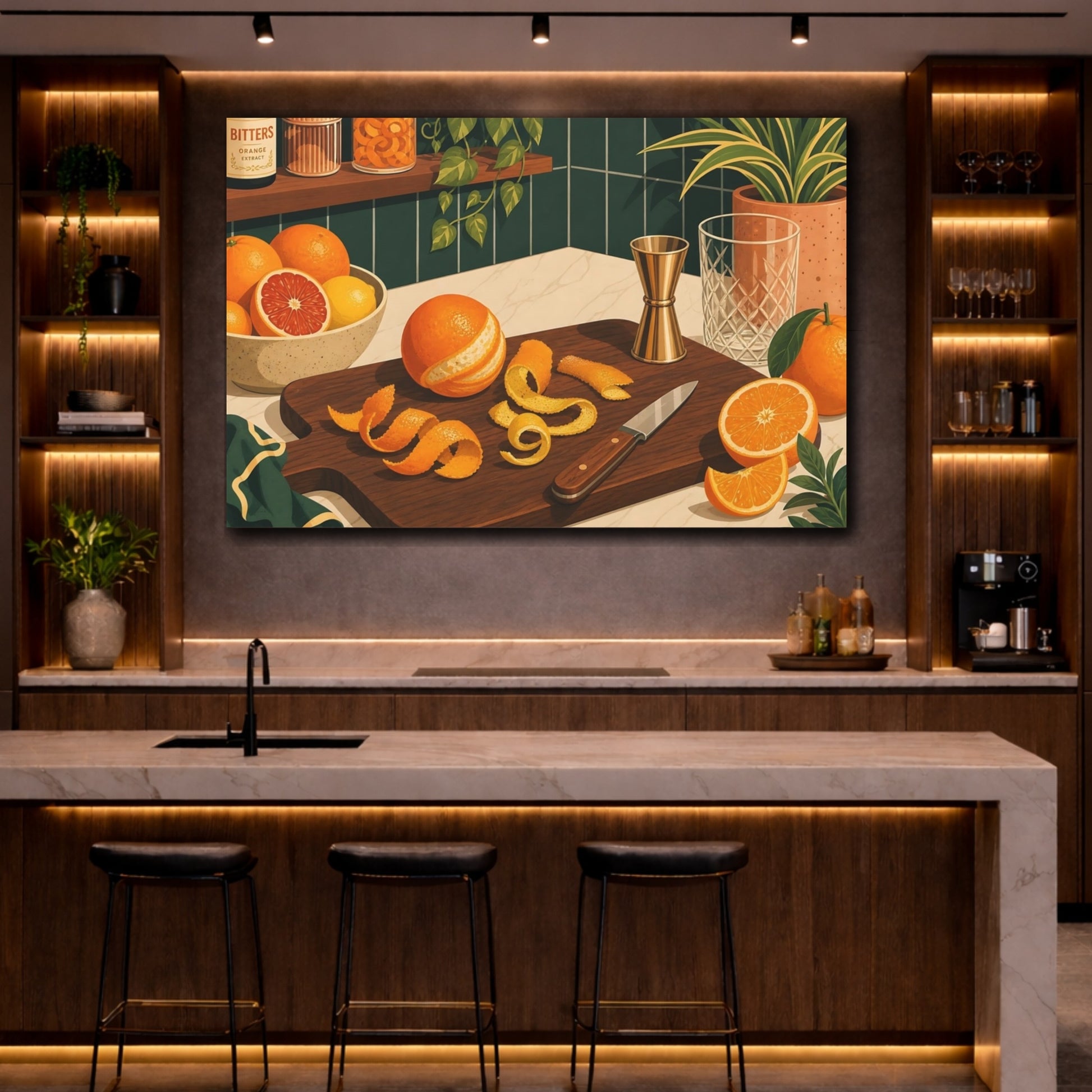 Mockup 2. Nature Oranges Orange And Green shown as stretched canvas wall art