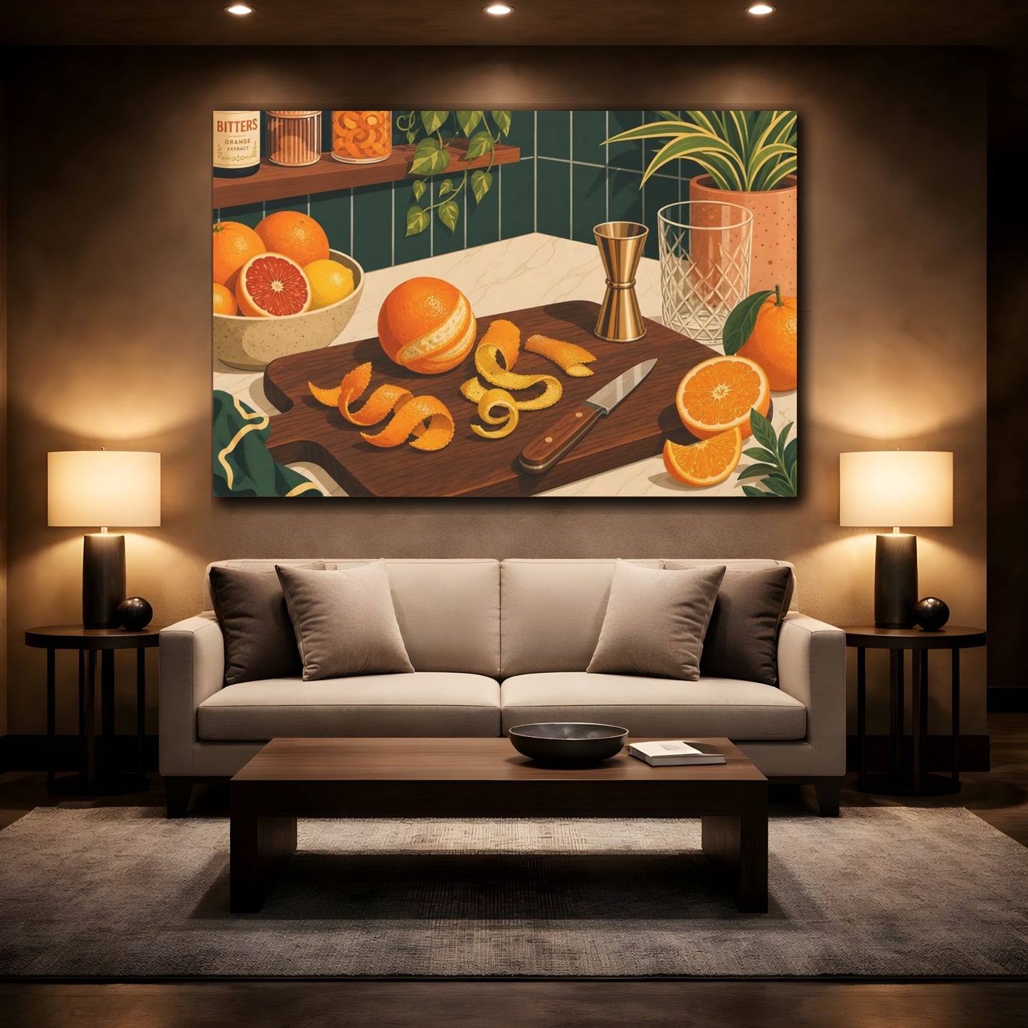 Mockup 3. Nature Oranges Orange And Green shown as stretched canvas wall art