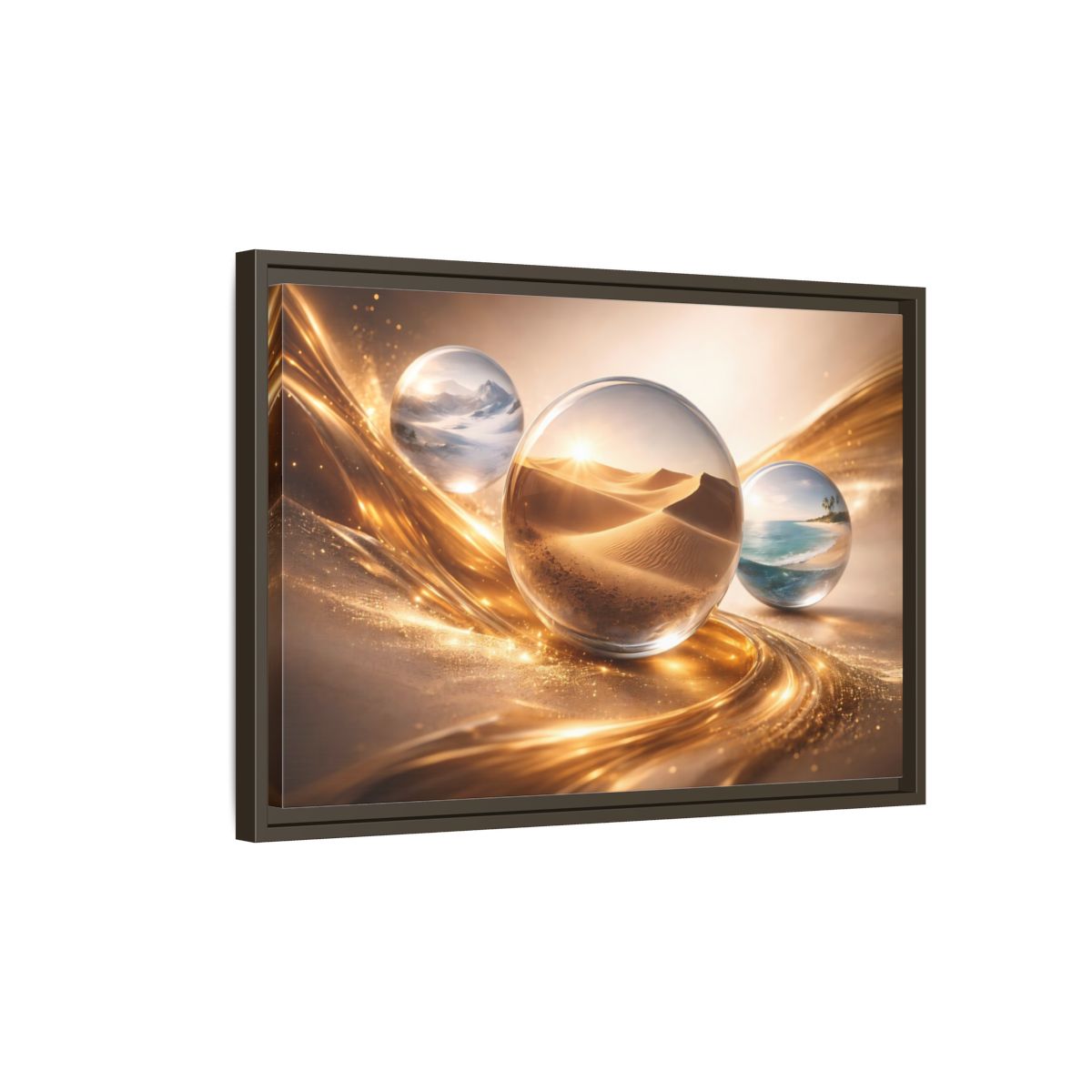 Side Mockup 2. Nature Nature Orbs Golden Nature Spheres shown as stretched canvas wall art