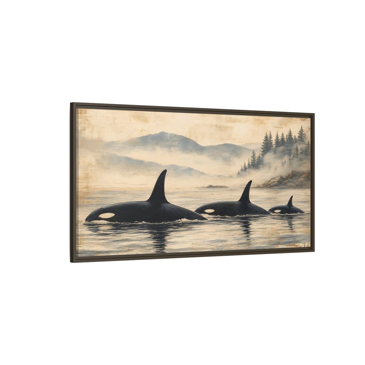 Side Mockup 4. Nature Orca Whales Rustic Orcas Ocean shown as stretched canvas wall art